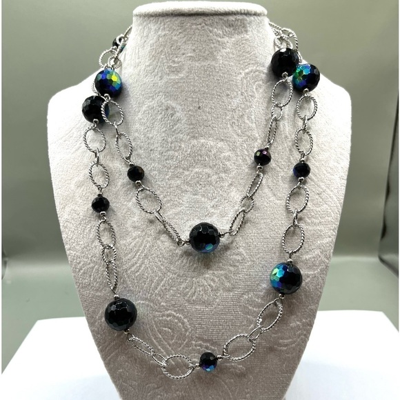 Premier Designs Necklace Blue and Black Beads Twisted oval Chain links Stunning - Picture 1 of 13